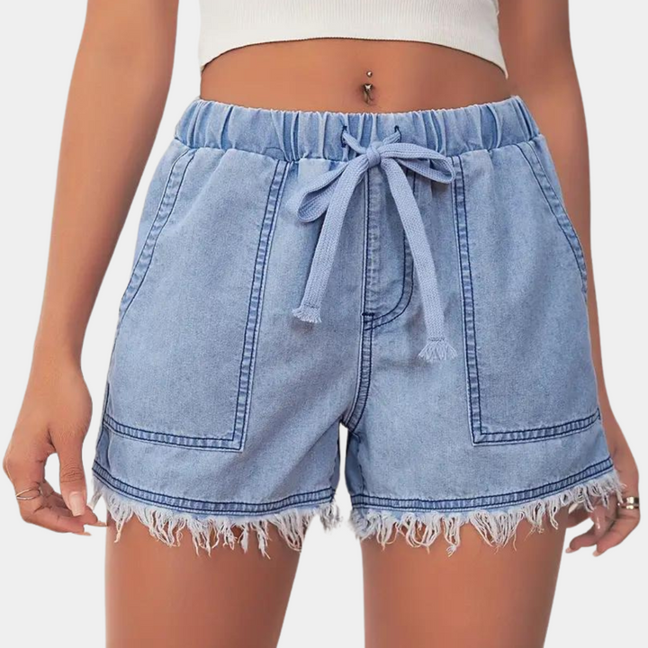 Rosalba - Short en Jean avec Bord Frangé pour Femme, Style Décontracté