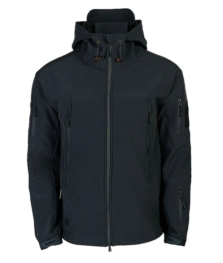 Voorkant zwarte windjack en softshell met capuchon voor heren 