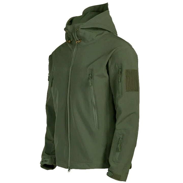 Voorkant groene windjack en softshell met capuchon voor heren 