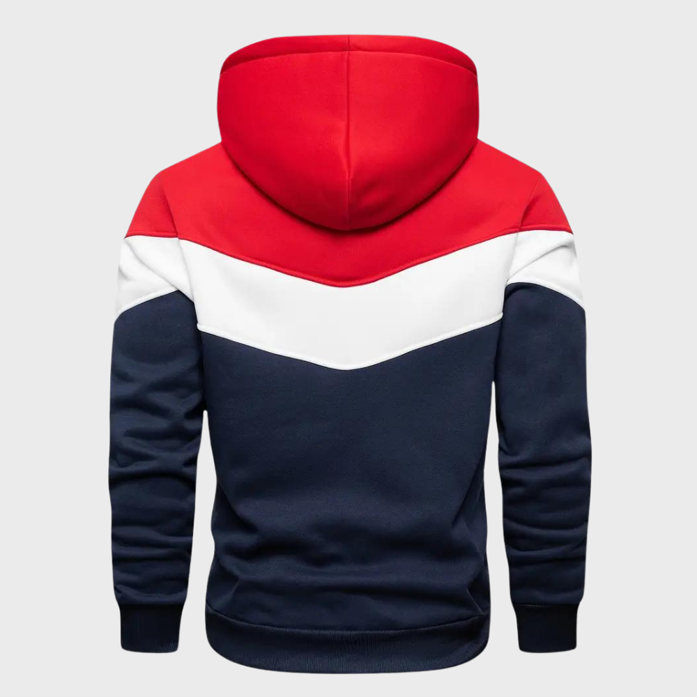 Achterkant blauwe met rode hoodie met capuchon voor heren