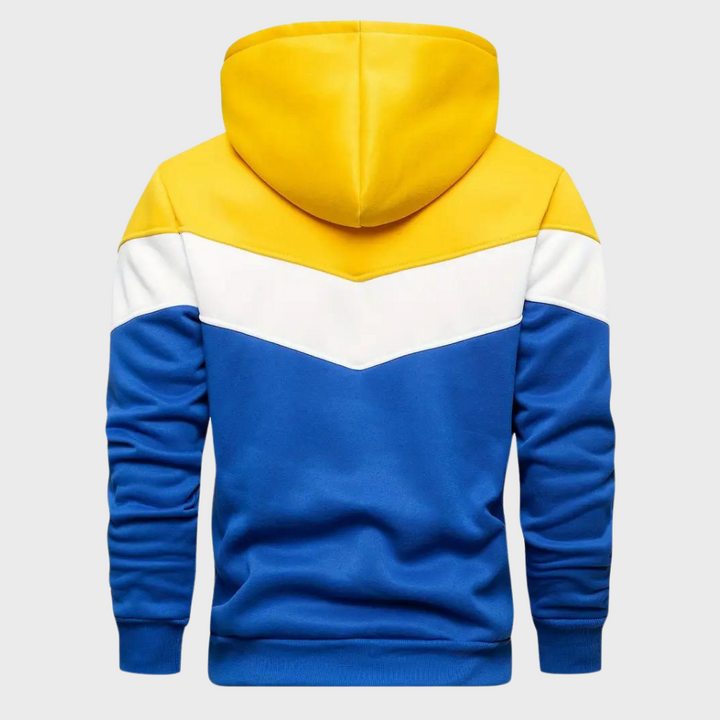 achterkant blauwe met geel hoodie met capuchon voor heren