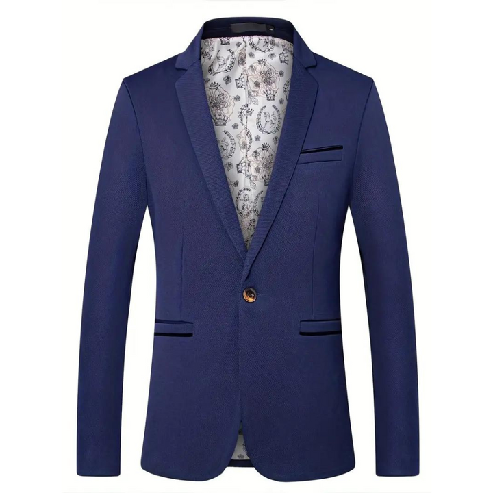 Voorkant donkerblauwe blazer voor heren