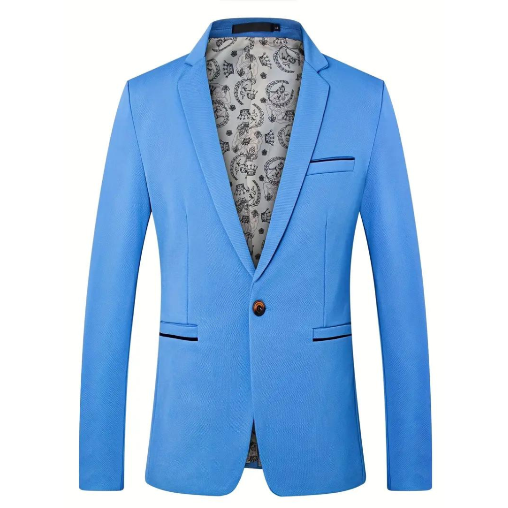 Voorkant blauwe blazer voor heren