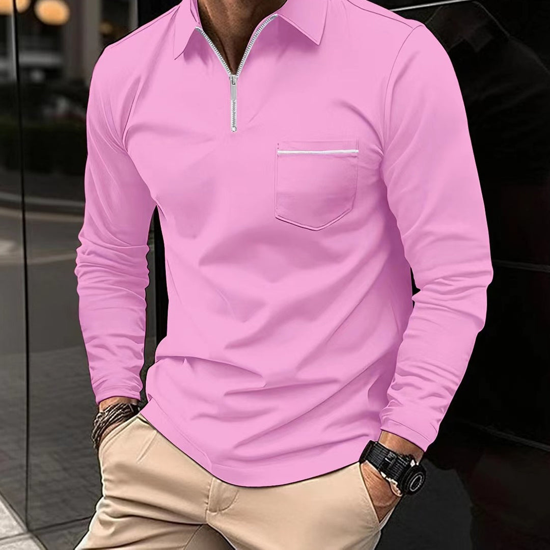 Roze poloshirt met lange mouwen en rits voor heren